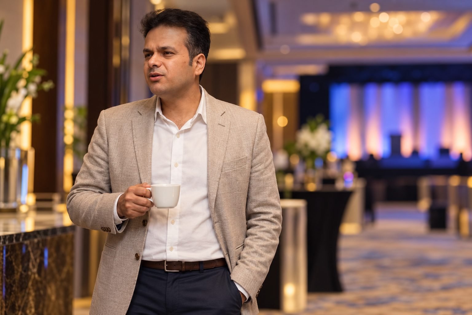 Illustrative portrait of Hamid in a conference setting