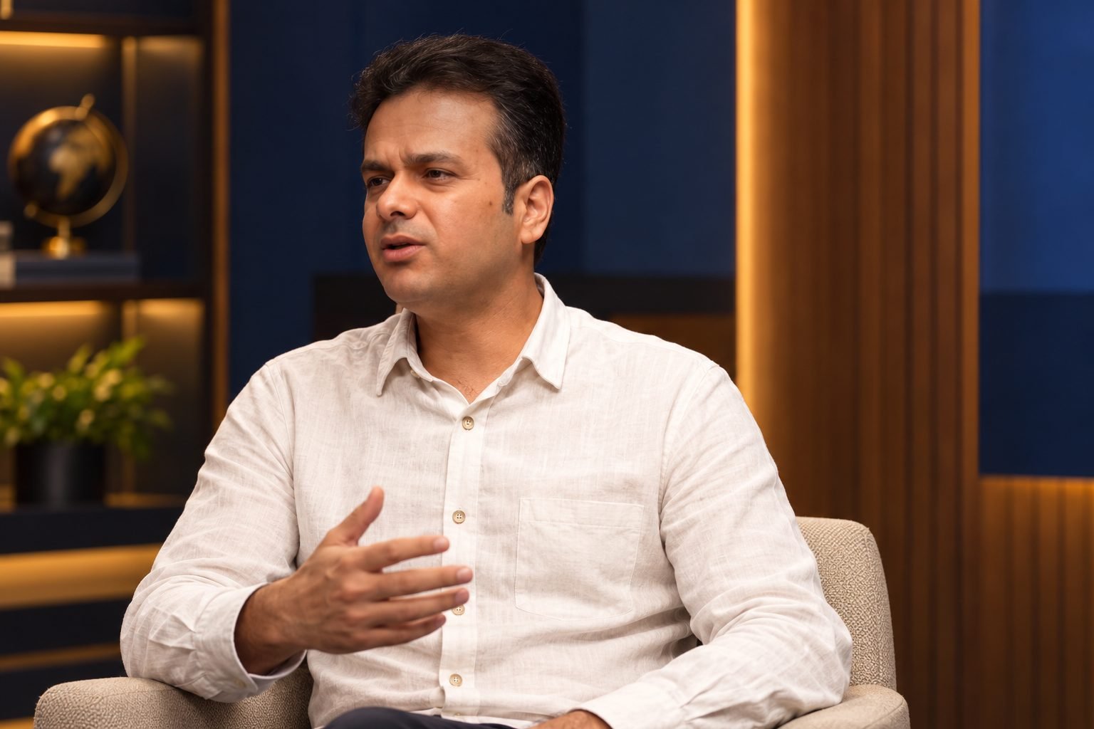Illustrative portrait of Hamid in a studio interview setting